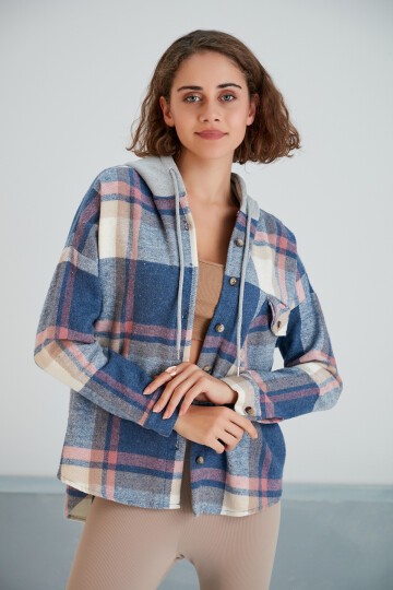 Kadın Çok Renkli Soft Mavi Oduncu Oversize Ceket Gömlek