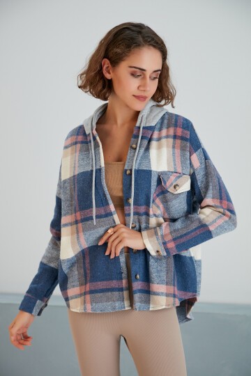 Kadın Çok Renkli Soft Mavi Oduncu Oversize Ceket Gömlek