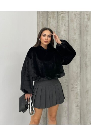 Kadın Crop Boy Yumuşacık Balon Uzun Kol Kapüşonlu Şık Kısa Sweatshirt