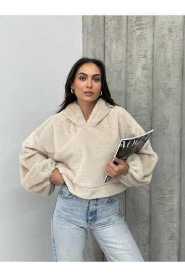 Kadın Crop Boy Yumuşacık Balon Uzun Kol Kapüşonlu Şık Kısa Sweatshirt