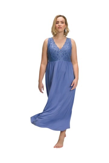 Kadın Dantel Detay Askılı Bebe-buz Mavi Şık Uzun Büyük Beden Curve Viskon Gecelik Elbise