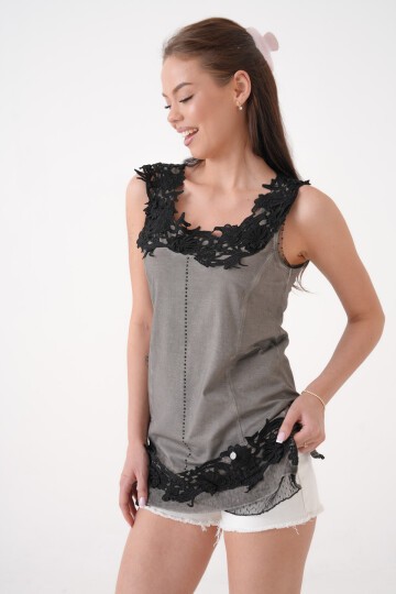 Kadın Dantel Güpü Yaka Kalın Askılı Eteği Güpürlü Yıkamalı Büyük Beden Spr Şık Curve Tunik