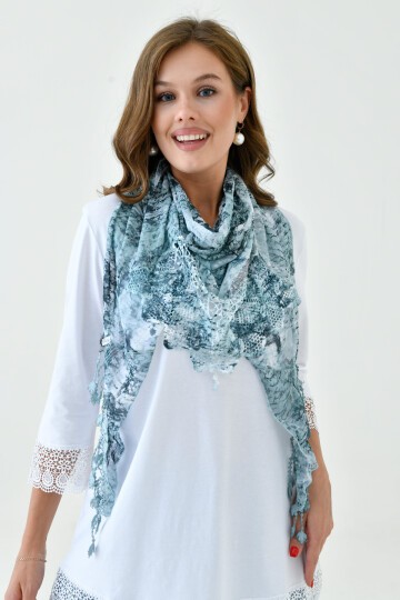 Kadın Dantel ve Örgü İşlemeli Yıkamalı Spor Şık Dokulu Boyunluk Şal