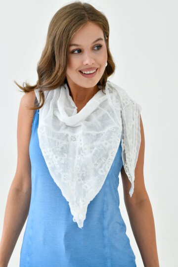 Kadın Dantel ve Örgü İşlemeli Yıkamalı Spor Şık Dokulu Boyunluk Şal