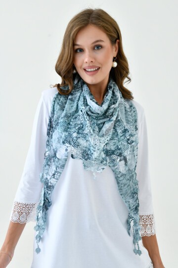 Kadın Dantel ve Örgü İşlemeli Yıkamalı Spor Şık Dokulu Boyunluk Şal