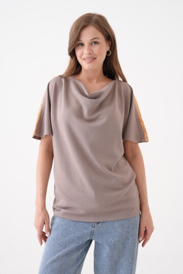 Kadın Degaje Yaka Yarım Kol Sim Detay Büyük Beden Curve Şık Bluz