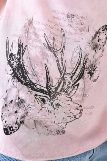 Kadın Degaye Yaka Geyik Baskılı Kalpli Taş Baskı Asimetrik Spor Şık Casual Curve Pudra Rengi Bluz