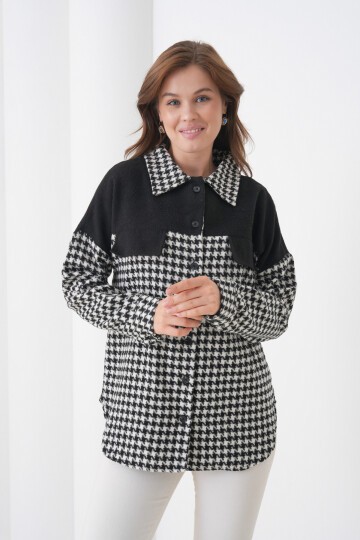 Kadın Desen Bloklu Oduncu Oversize Bol ve Geniş Kalıp Casual Cepli Yakalı Ceket Gömlek