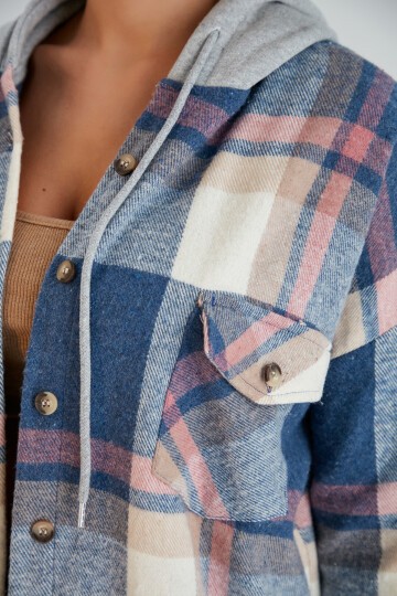 Kadın Desenli Renkli Oduncu Oversize Bol ve Geniş Kalıp Casual Çift Kapüşonlu Ceket Gömlek