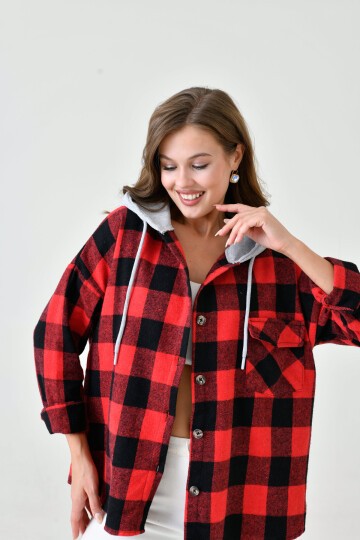 Kadın Desenli Renkli Oduncu Oversize Bol ve Geniş Kalıp Casual Çift Kapüşonlu Ceket Gömlek