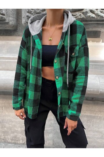 Kadın Desenli Renkli Oduncu Oversize Bol ve Geniş Kalıp Casual Çift Kapüşonlu Ceket Gömlek