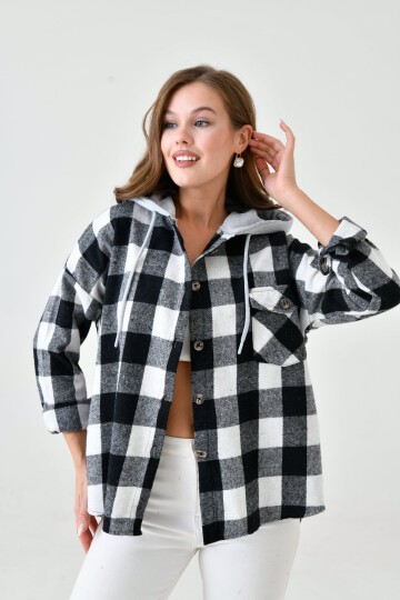 Kadın Desenli Renkli Oduncu Oversize Bol ve Geniş Kalıp Casual Çift Kapüşonlu Ceket Gömlek