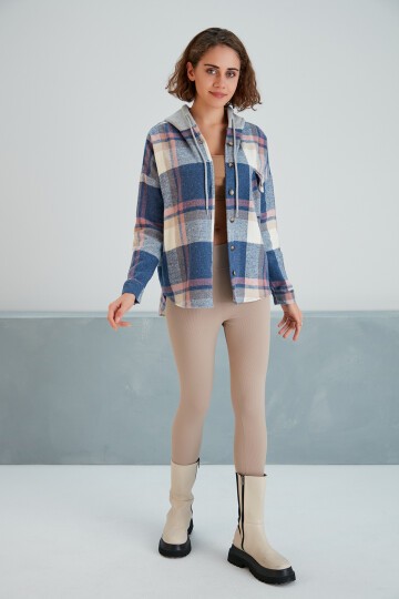 Kadın Desenli Renkli Oduncu Oversize Bol ve Geniş Kalıp Casual Çift Kapüşonlu Ceket Gömlek