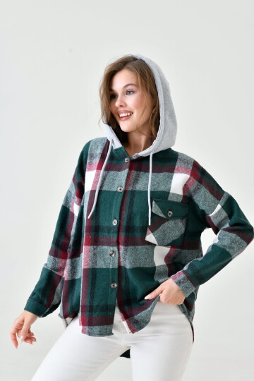 Kadın Desenli Renkli Oduncu Oversize Bol ve Geniş Kalıp Casual Çift Kapüşonlu Ceket Gömlek