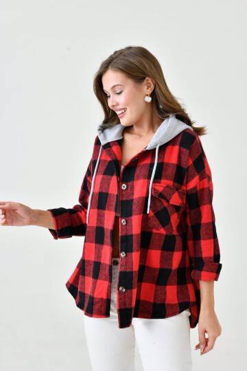 Kadın Desenli Renkli Oduncu Oversize Bol ve Geniş Kalıp Casual Çift Kapüşonlu Ceket Gömlek