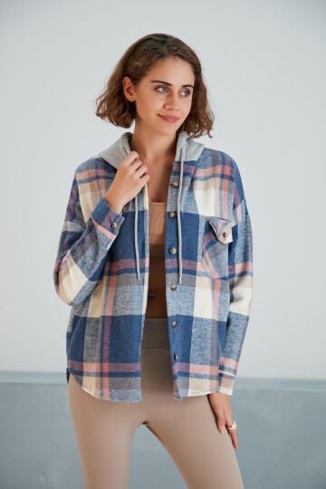 Kadın Desenli Renkli Oduncu Oversize Bol ve Geniş Kalıp Casual Çift Kapüşonlu Ceket Gömlek