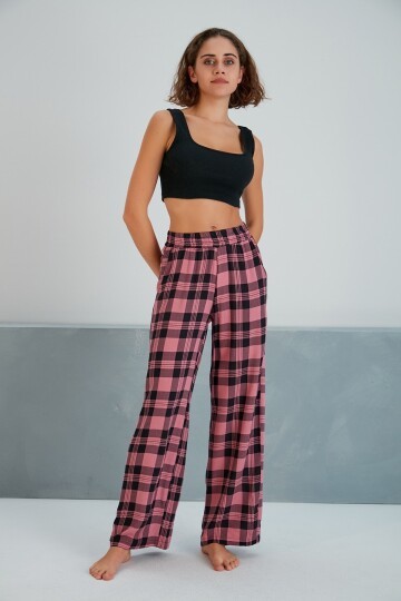 Kadın Dokuma Viskon Dama Desenli Cepli Büyük Beden Kalıp Beli Lastikli Salaş Pantolon