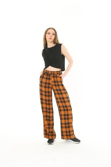 Kadın Dokuma Viskon Dama Desenli Cepli Büyük Beden Kalıp Beli Lastikli Salaş Pantolon