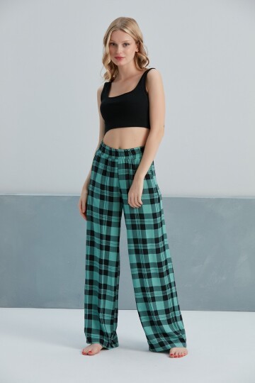 Kadın Dokuma Viskon Dama Desenli Cepli Büyük Beden Kalıp Beli Lastikli Salaş Pantolon