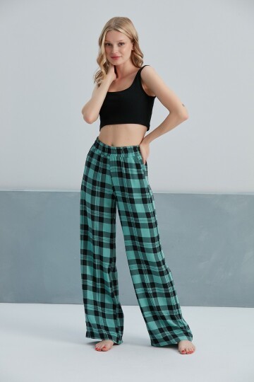 Kadın Dokuma Viskon Dama Desenli Cepli Büyük Beden Kalıp Beli Lastikli Salaş Pantolon