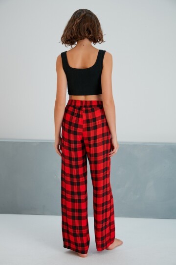 Kadın Dokuma Viskon Dama Desenli Cepli Büyük Beden Kalıp Beli Lastikli Salaş Pantolon