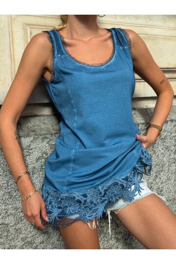 Kadın Eteği Taşlı Tül ve Güpür Detaylı Kalın Askılı Yıkamalı Büyük Beden Curve Tunik Elbise Bluz