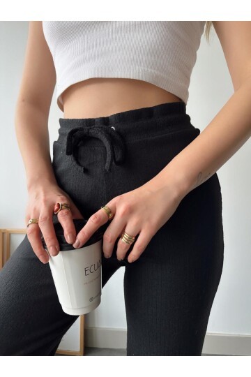Kadın Fitilli Yumoş Kumaş Beli Bağcıklı Likralı Spor Şık Rahat Siyah Eşofman Altı