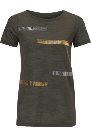 Kadın Gold Çizgi Desenli Haki Causal Spor Şık Curve Tshirt Bluz