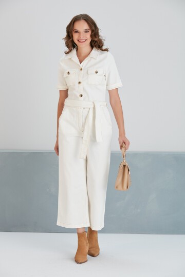 Kadın Gömlek Yaka Beli Kuşaklı Denim Geniş Paça Spor Şık Tasarım Tulum