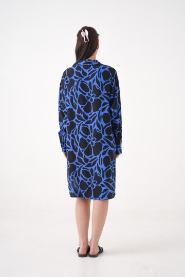 Kadın Gömlek Yaka Büyük Beden Desenli Tunik Boy Uzun Kol Gömlek Elbise