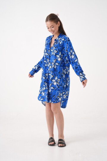 Kadın Gömlek Yaka Büyük Beden Desenli Tunik Boy Uzun Kol Gömlek Elbise