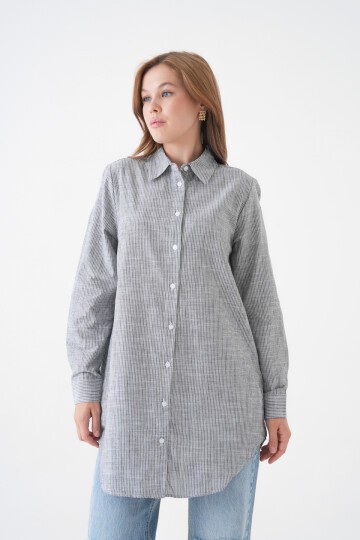 Kadın Gömlek Yaka Düğmeli Uzun Kol Tunik Boy Rahat Çizgili Curve Büyük Beden Tesettüre Uygun Gömlek