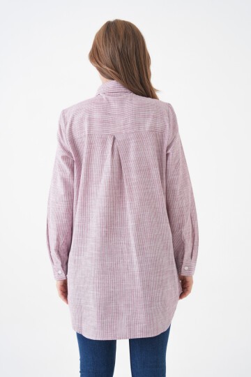 Kadın Gömlek Yaka Düğmeli Uzun Kol Tunik Boy Rahat Çizgili Curve Büyük Beden Tesettüre Uygun Gömlek