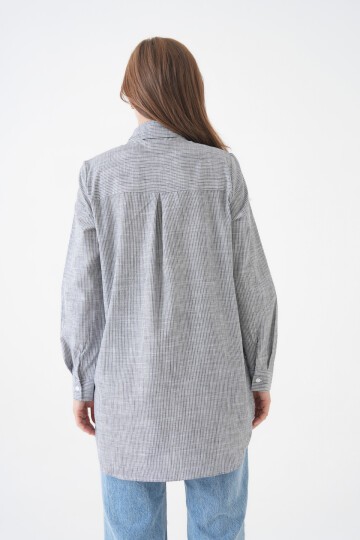 Kadın Gömlek Yaka Düğmeli Uzun Kol Tunik Boy Rahat Çizgili Curve Büyük Beden Tesettüre Uygun Gömlek