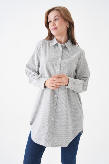 Kadın Gömlek Yaka Düğmeli Uzun Kol Tunik Boy Rahat Çizgili Curve Büyük Beden Tesettüre Uygun Gömlek