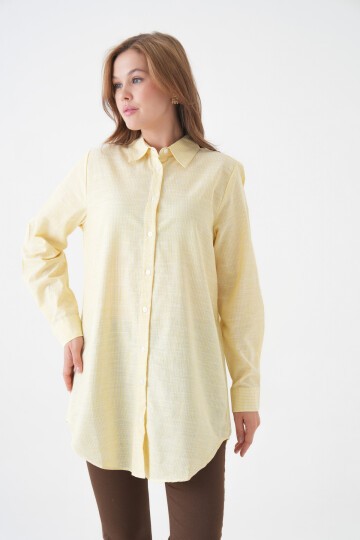 Kadın Gömlek Yaka Düğmeli Uzun Kol Tunik Boy Rahat Çizgili Curve Büyük Beden Tesettüre Uygun Gömlek