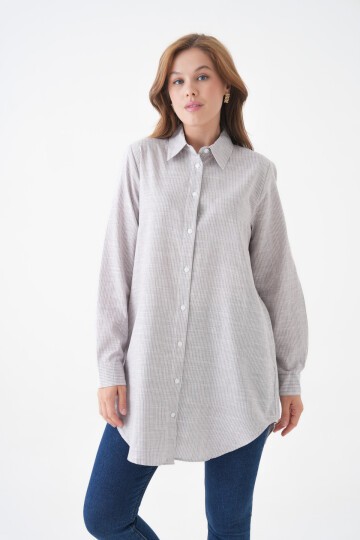 Kadın Gömlek Yaka Düğmeli Uzun Kol Tunik Boy Rahat Çizgili Curve Büyük Beden Tesettüre Uygun Gömlek