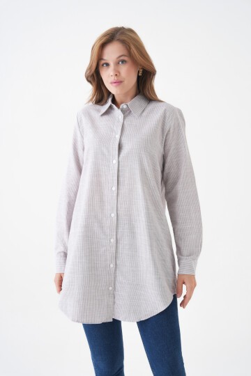 Kadın Gömlek Yaka Düğmeli Uzun Kol Tunik Boy Rahat Çizgili Curve Büyük Beden Tesettüre Uygun Gömlek