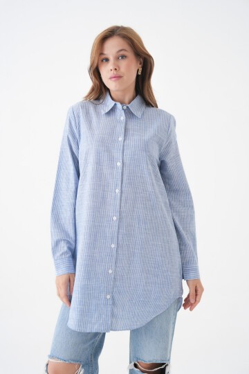 Kadın Gömlek Yaka Düğmeli Uzun Kol Tunik Boy Rahat Çizgili Curve Büyük Beden Tesettüre Uygun Gömlek