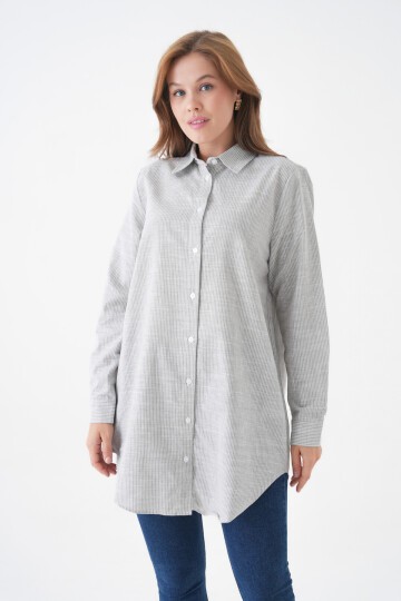 Kadın Gömlek Yaka Düğmeli Uzun Kol Tunik Boy Rahat Çizgili Curve Büyük Beden Tesettüre Uygun Gömlek