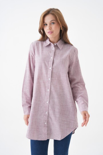 Kadın Gömlek Yaka Düğmeli Uzun Kol Tunik Boy Rahat Çizgili Curve Büyük Beden Tesettüre Uygun Gömlek