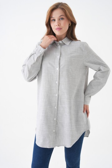 Kadın Gömlek Yaka Düğmeli Uzun Kol Tunik Boy Rahat Çizgili Curve Büyük Beden Tesettüre Uygun Gömlek