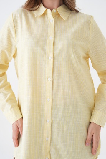 Kadın Gömlek Yaka Düğmeli Uzun Kol Tunik Boy Rahat Çizgili Curve Büyük Beden Tesettüre Uygun Gömlek