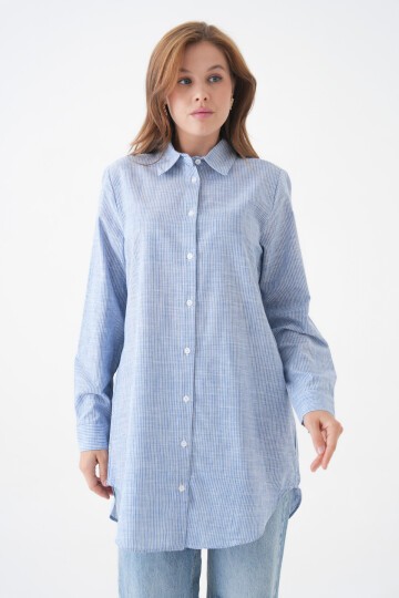 Kadın Gömlek Yaka Düğmeli Uzun Kol Tunik Boy Rahat Çizgili Curve Büyük Beden Tesettüre Uygun Gömlek