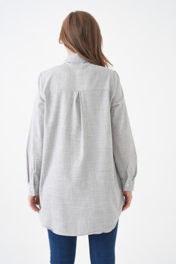 Kadın Gömlek Yaka Düğmeli Uzun Kol Tunik Boy Rahat Çizgili Curve Büyük Beden Tesettüre Uygun Gömlek