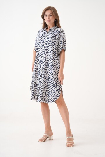 Kadın Gömlek Yaka Önden Düğmeli Kısa Kol Yazlık Desenli Büyük Beden Curve Yazlık Dokuma Elbise