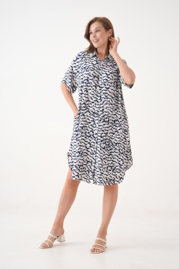 Kadın Gömlek Yaka Önden Düğmeli Kısa Kol Yazlık Desenli Büyük Beden Curve Yazlık Dokuma Elbise