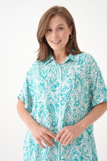 Kadın Gömlek Yaka Önden Düğmeli Kısa Kol Yazlık Desenli Büyük Beden Curve Yazlık Dokuma Elbise