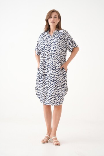 Kadın Gömlek Yaka Önden Düğmeli Kısa Kol Yazlık Desenli Büyük Beden Curve Yazlık Dokuma Elbise
