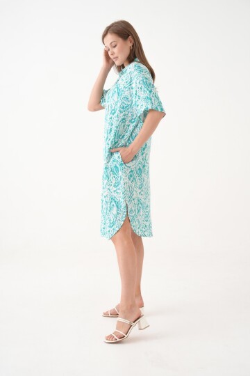 Kadın Gömlek Yaka Önden Düğmeli Kısa Kol Yazlık Desenli Büyük Beden Curve Yazlık Dokuma Elbise